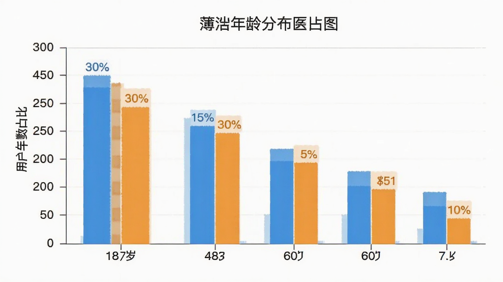簿发票管理 用户年龄分布柱状图 横轴为年龄段 纵轴为人数占比 18到60岁区间 数据可视化 简洁图表风格 浅色背景 干净清晰 高清画质