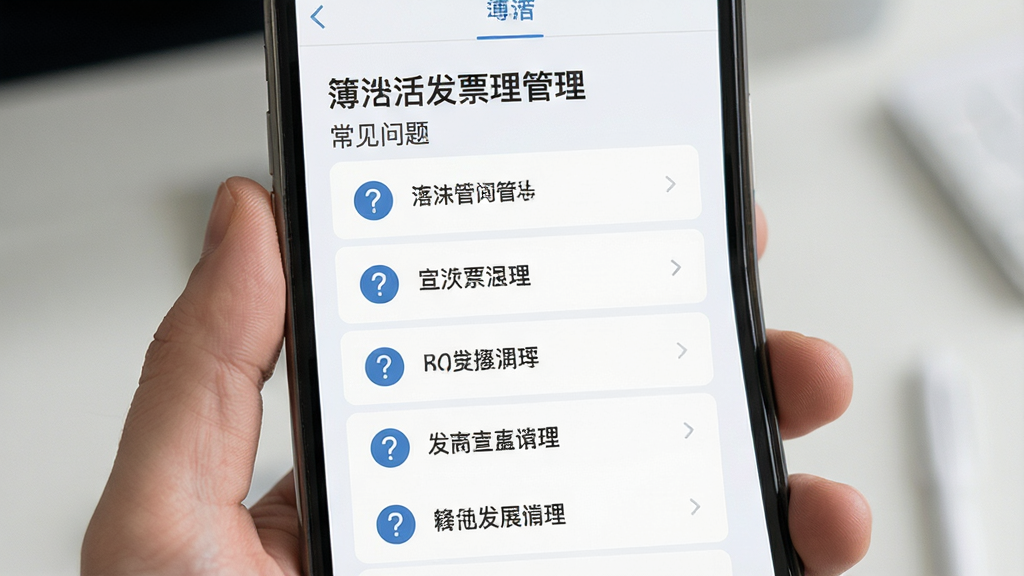簿发票管理 问答界面 手机屏幕展示 常见问题列表 问号图标 浅色背景 扁平化设计 干净简洁 高清画质