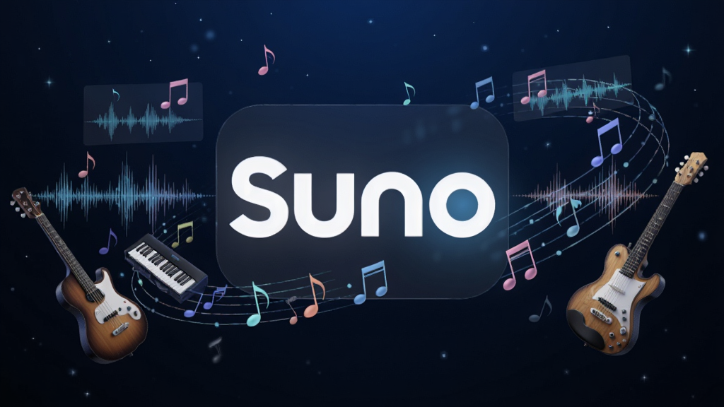 一个充满未来感的音乐创作界面,画面中央是发光的Suno标志,周围环绕着漂浮的音符、波形图和虚拟乐器,背景是深蓝色渐变星空,风格科技感十足,细节精致,画质干净无多余元素