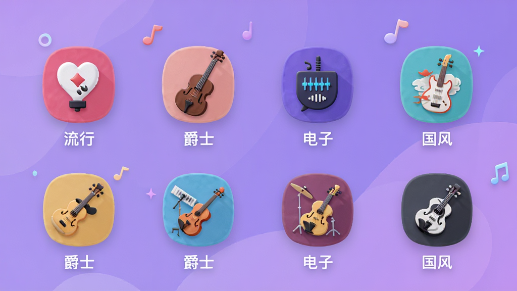 Suno多曲风选择界面,画面中排列着各种音乐风格的图标和标签,如“流行”“爵士”“电子”“国风”等,每个标签配有对应的乐器小图标,背景是柔和的紫色渐变,风格活泼,画质干净无多余元素