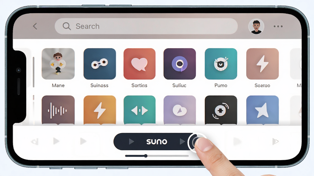 Suno新手操作界面截图,画面展示手机屏幕上Suno的首页布局,顶部是搜索栏,中间是曲风分类图标,底部是生成按钮,旁边有手指点击的示意,背景是干净的浅色,风格清晰,画质干净无多余元素