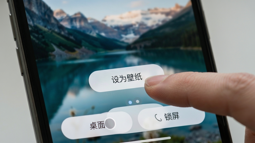 亚麻壁纸设置壁纸操作界面,手机屏幕特写,手指正在点击「设为壁纸」按钮,背景是模糊的高清风景壁纸,界面底部弹出「桌面」和「锁屏」两个选项,按钮有轻微按压动画效果,整体风格简洁直观,画质清晰,无多余文字说明