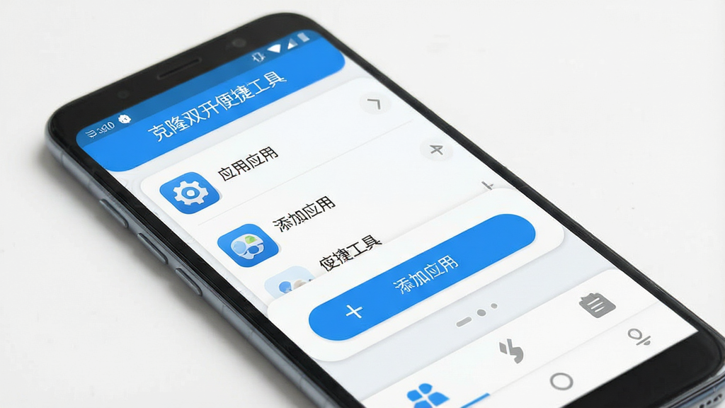 克隆双开便捷工具 软件界面展示图,主体为一部安卓手机屏幕,屏幕中显示克隆双开便捷工具的主界面,界面布局清晰,顶部为软件名称“克隆双开便捷工具”,中间为已添加的应用列表和“添加应用”按钮,底部为功能选项卡,整体风格简洁现代,以蓝白色调为主,细节圆润,画质干净清晰,无多余元素
