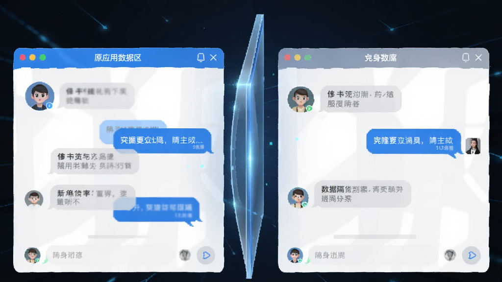 克隆双开便捷工具 数据隔离示意图,画面左侧为原应用数据区,右侧为分身应用数据区,中间用一道透明的隔离墙隔开,两边各自显示不同的账号头像和消息气泡,整体风格科技感十足但不过度花哨,色调以蓝白灰为主,画质干净,无多余元素