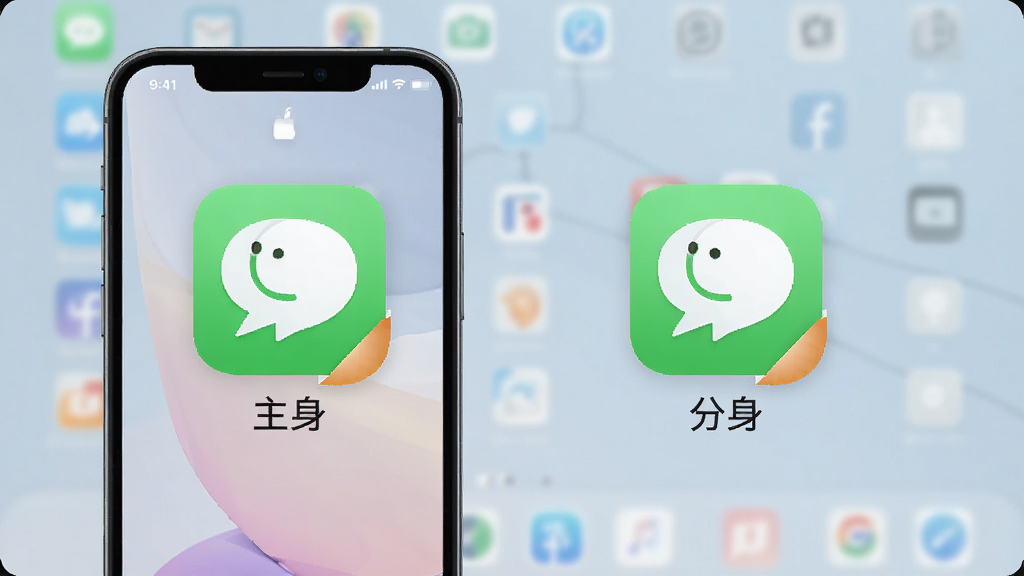 克隆双开便捷工具 功能展示图,画面中一部手机同时显示两个相同的社交应用图标,一个为主应用,一个为分身应用,图标下方带有小角标区分,背景为简洁的桌面壁纸,风格清新,画质干净,无多余元素