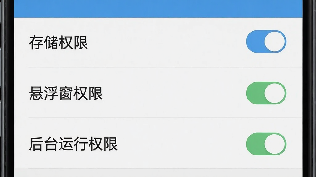 克隆双开便捷工具 权限设置与操作指引图,画面为手机屏幕截图风格,展示软件的权限管理页面,页面中列出“存储权限”“悬浮窗权限”“后台运行权限”等选项,每个选项旁有开关按钮,界面简洁清晰,文字标签明确,风格扁平化,画质干净,无多余元素