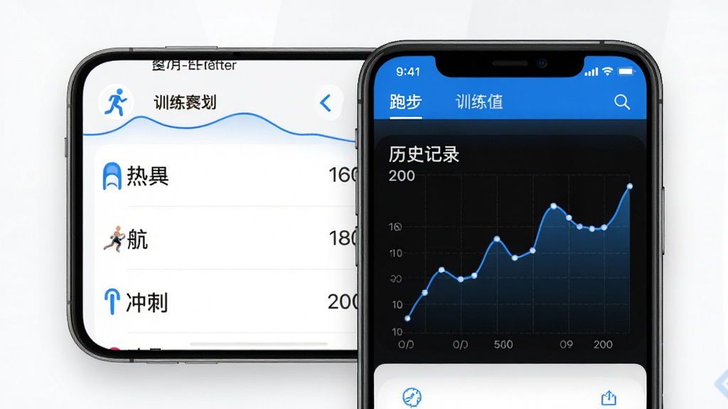 跑步节拍器 训练计划界面 手机展示预设节拍列表 热身160 巡航180 冲刺200 历史记录曲线图 清爽布局 白色背景 蓝色点缀 高清画质