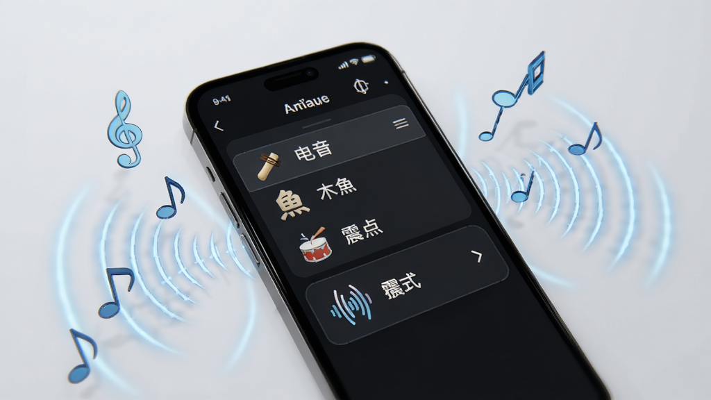 跑步节拍器 功能展示图 手机屏幕显示音色选择列表 电子音 木鱼 鼓点 震动模式图标 周围有音符和震动波纹装饰 科技感 干净背景 高清画质