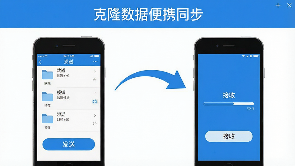 克隆数据便携同步一键换机功能展示,画面中左右各一部手机,左边旧手机屏幕显示“发送”按钮和文件列表,右边新手机屏幕显示“接收”按钮和进度条,两部手机之间用弧形箭头连接表示数据传输,软件名称“克隆数据便携同步”显示在画面顶部中央,蓝白配色,扁平插画风格,细节清晰,画质干净无多余元素
