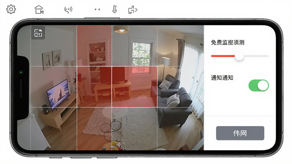 免费监控语音远程看家APP的移动侦测设置界面,画面中显示监控画面被划分成多个网格区域,部分区域被红色高亮标记为侦测区,旁边有灵敏度滑块和通知开关,风格为功能型界面设计,细节包括设置图标、保存按钮,画质干净,无多余元素