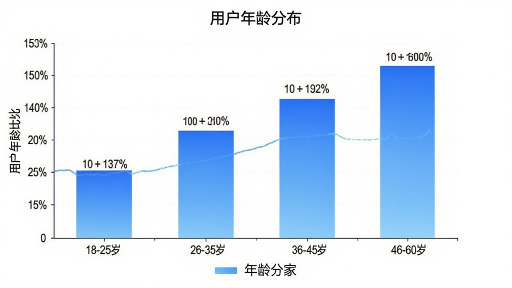 免费监控语音远程看家用户年龄分布柱状图,横轴为年龄段18-25岁、26-35岁、36-45岁、46-60岁,纵轴为用户占比百分比,柱状颜色为渐变蓝色,图表标题为“用户年龄分布”,风格为简洁数据可视化,细节包括坐标轴标签、百分比数值、图例,画质干净,无多余元素