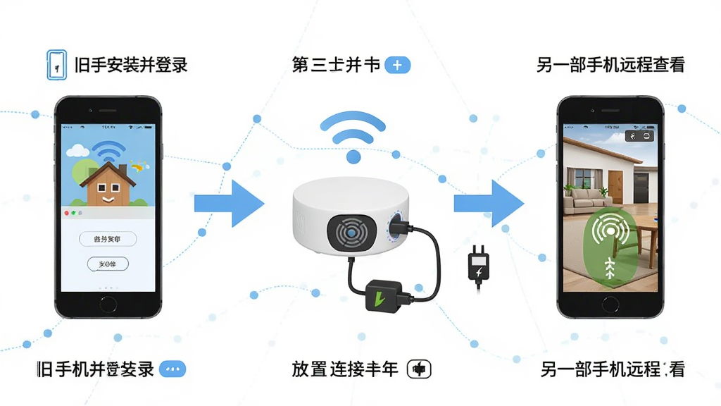 免费监控语音远程看家APP的新手设置流程图,画面中展示三步操作:第一步旧手机安装并登录,第二步放置并连接电源,第三步另一部手机远程查看,风格为信息图表式设计,细节包括手机图标、箭头连接、WiFi符号、充电图标,画质干净,无多余元素