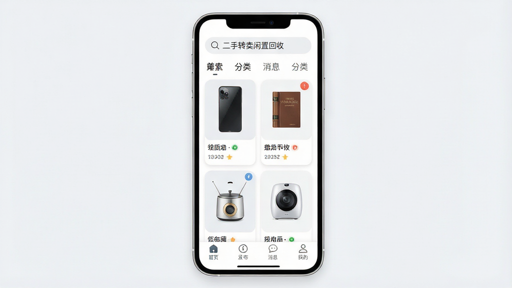 手机应用界面展示图,画面中央是一部现代智能手机,屏幕上显示“二手转卖闲置回收”应用的主页,顶部有搜索栏和分类标签,中间是两列商品卡片展示,包含旧手机、书籍、小家电等缩略图,底部导航栏有首页、发布、消息、我的四个图标,整体布局干净清爽,背景为浅灰白色,风格现代扁平化,细节圆润,画质清晰,无多余元素