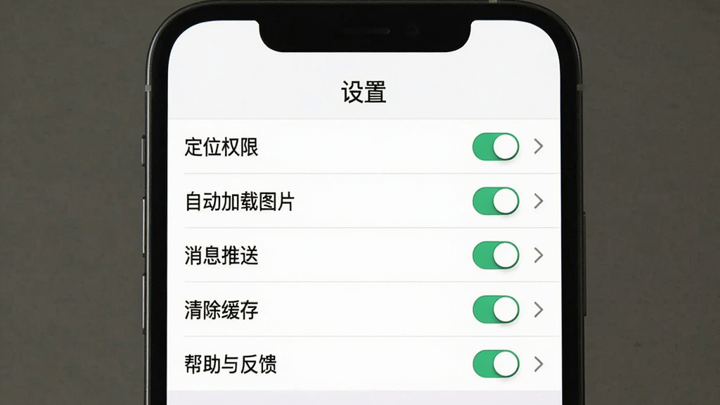 手机应用设置界面截图,画面展示“二手转卖闲置回收”App的设置页面,顶部有“设置”标题,列表项包括“定位权限”“自动加载图片”“消息推送”“清除缓存”“帮助与反馈”,右侧有开关按钮和箭头图标,背景为白色,布局清晰,风格现代扁平,画质干净无多余元素