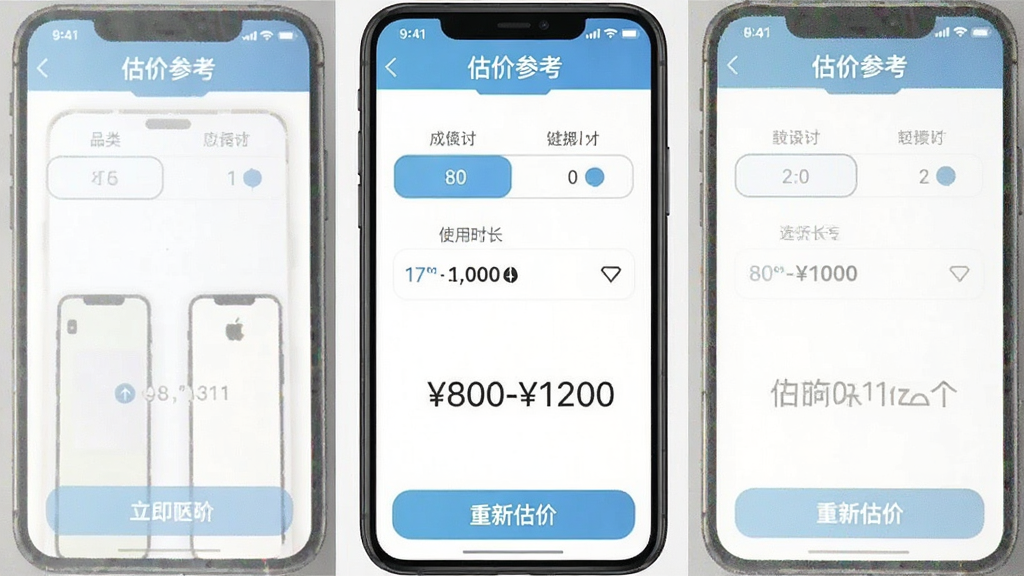 手机应用估价参考界面截图,画面展示“二手转卖闲置回收”App的估价页面,顶部有“估价参考”标题,中间是品类选择、成色选择、使用时长选择的选项卡,下方显示一个价格区间“800-1200”,底部有“重新估价”按钮,背景为白色,布局整齐,风格现代扁平,画质干净无多余元素