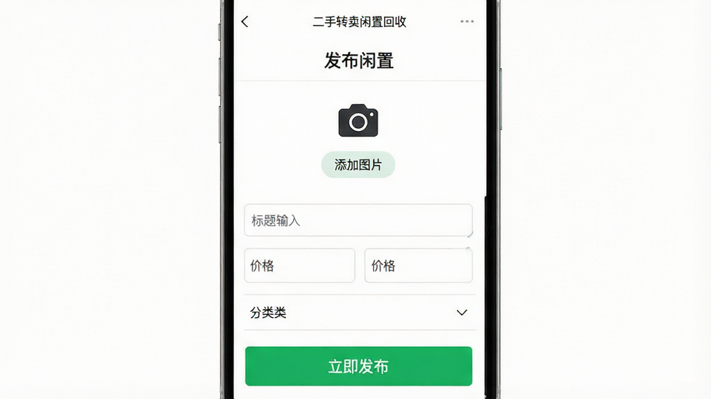 手机应用发布商品界面截图,画面主体是“二手转卖闲置回收”App的发布页面,顶部有“发布闲置”标题,中间是相机图标和“添加图片”按钮,下方有标题输入框、价格输入框、分类选择器,底部是醒目的绿色“立即发布”按钮,背景为纯白色,布局简洁清晰,风格现代扁平,画质干净无多余元素