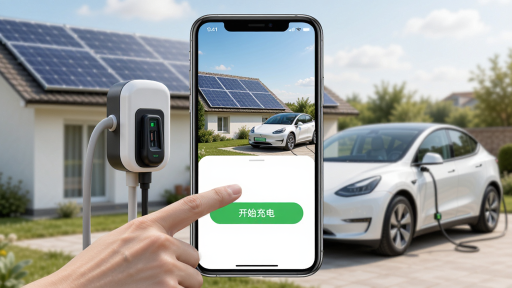 光伏车充App的移动端使用界面截图,展示手机屏幕上一只手正在点击“开始充电”按钮,背景是家庭光伏板和一辆白色新能源汽车,画面明亮,风格写实,布局为竖屏手机展示,细节清晰,画质干净无多余元素