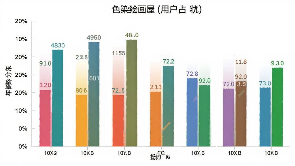 色染绘画屋 用户年龄分布柱状图 主体是柱状图展示不同年龄段用户占比 布局为横轴年龄区间 纵轴百分比 排版清晰 风格是扁平化数据图表 细节上柱子颜色区分明显 有具体数值标注 画质清晰 干净 无多余元素