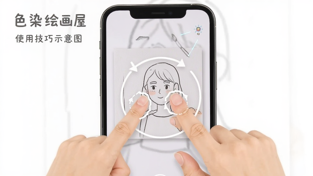 色染绘画屋 使用技巧示意图 主体是手机屏幕上展示双指缩放画布的操作手势 布局为画布居中 手指示意缩放动作 排版简洁 风格是教程图解风 细节上手势清晰 画布内容为简单线稿 画质清晰 干净 无多余元素