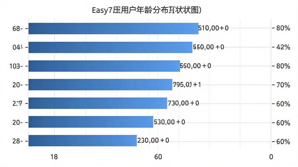 Easy7用户年龄分布柱状图,主体为柱状图表展示18至60岁以上各年龄段用户占比,布局为横向柱状图左侧是年龄区间右侧是百分比刻度,排版简洁数据标签清晰,风格为扁平化信息图表,细节上柱子用蓝色渐变、背景白色、网格线浅灰,画质干净无多余元素