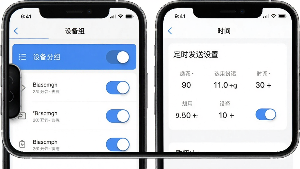 Easy7功能界面展示,主体为手机屏幕显示设备分组列表和定时发送设置面板,布局分左右两栏左侧是设备组右侧是时间选择器,排版整齐有层次,风格为简洁工具类应用界面,细节上按钮用蓝色高亮、开关控件圆润,画质清晰干净无多余装饰