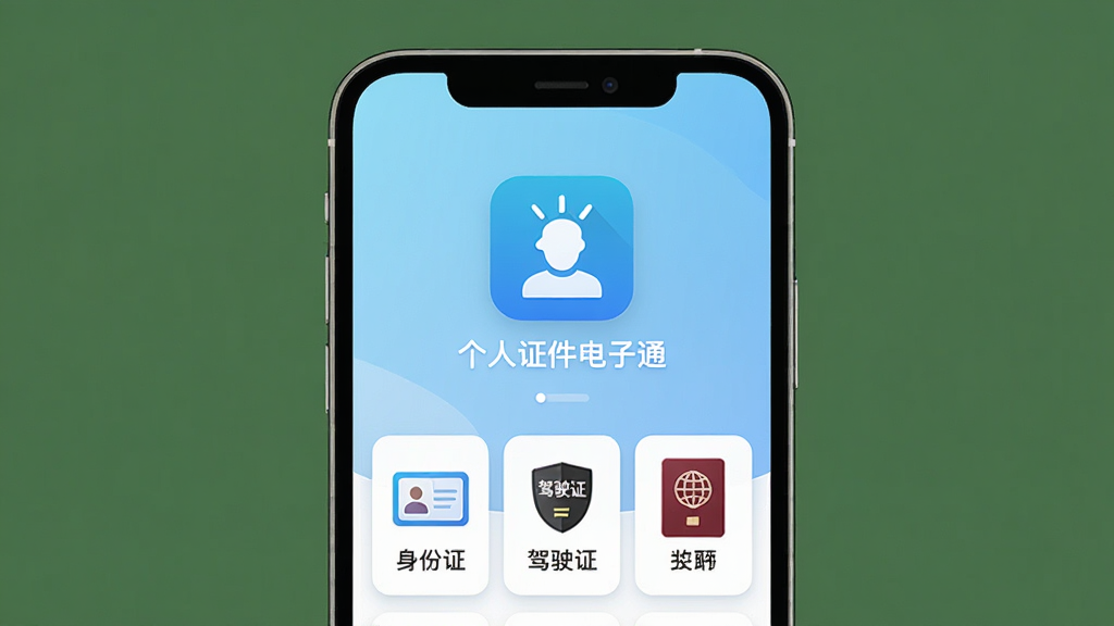 个人证件电子通软件主界面展示,手机屏幕中央显示“个人证件电子通”应用图标和名称,背景为浅蓝色渐变,界面布局清晰展示证件分类卡片,包括身份证、驾驶证、护照等图标,风格简洁现代扁平化,细节圆润,画质干净无多余元素