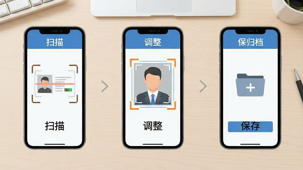 个人证件电子通使用操作流程示意图,手机屏幕分步展示扫描证件、调整边框、保存归档三个步骤,界面简洁清晰,每步有文字标注“扫描”“调整”“保存”,背景为浅色工作台,风格教程类扁平化设计,画质干净无多余元素
