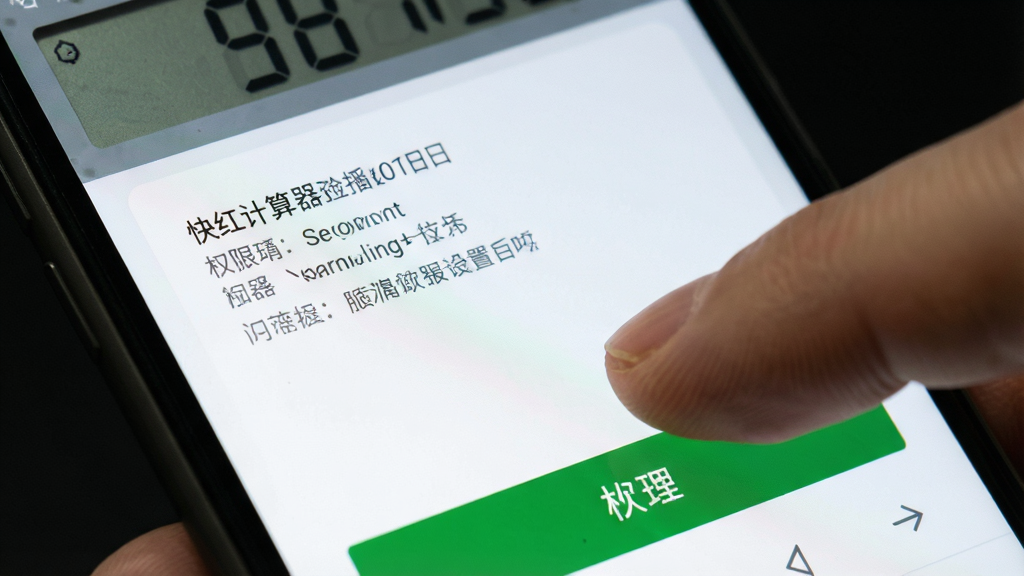 快红计算器 手机安装界面 安卓系统 权限设置页面 手指点击允许按钮 特写 高清画质