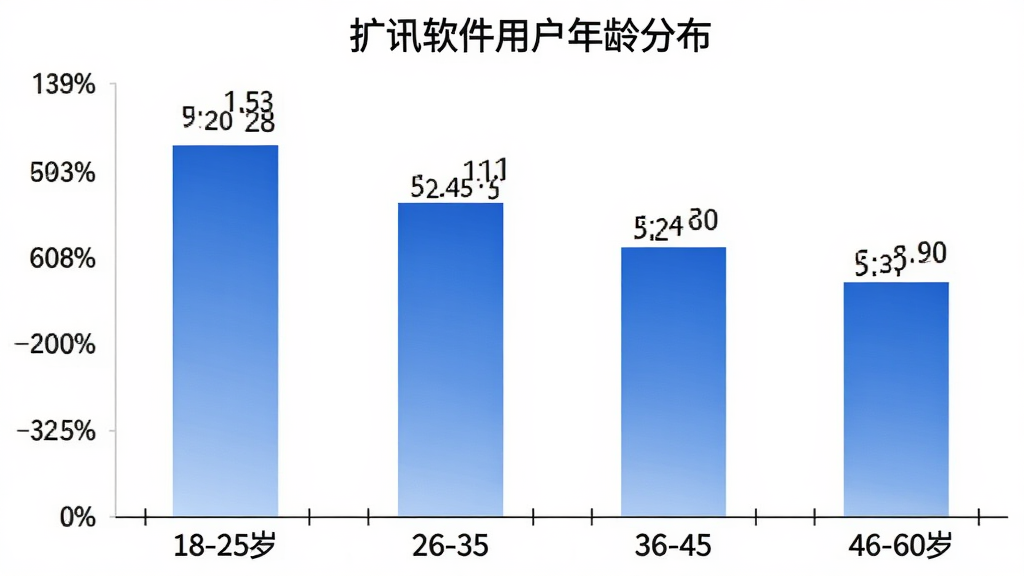扩讯软件用户年龄分布柱状图,横轴为年龄段18-25岁、26-35岁、36-45岁、46-60岁,纵轴为用户占比百分比,柱状图颜色为蓝色渐变,图表标题为“扩讯软件用户年龄分布”,背景白色,数据标签清晰,风格简洁商务,画质干净无多余元素