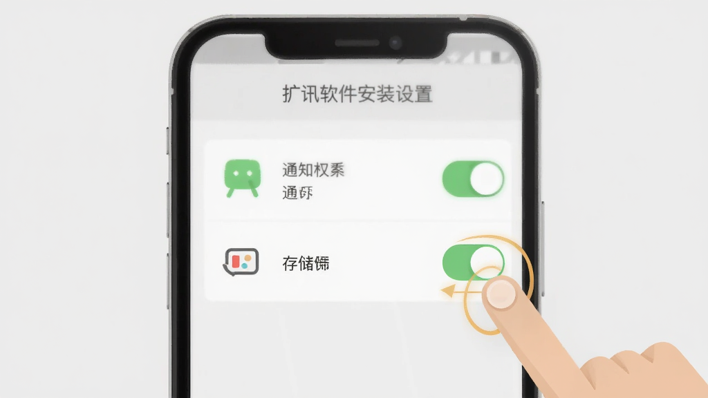 扩讯软件安装设置界面示意图,手机屏幕显示权限管理页面,包含通知权限和存储权限的开关按钮,旁边有手指点击操作的示意,背景为浅灰色,图标清晰,风格扁平化,画质干净无多余元素