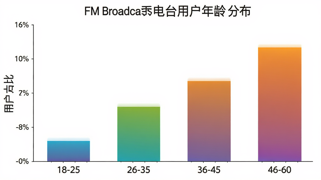 一张展示FM广播电台用户年龄分布的柱状图,横轴是年龄段18-25、26-35、36-45、46-60,纵轴是用户占比,柱状图颜色为渐变色,背景简洁白色,干净无多余元素