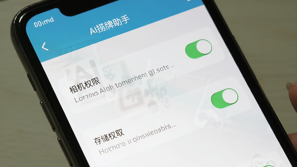 画面展示AI捋牌助手在手机上的安装权限设置界面,主体为手机屏幕显示权限管理页面,布局为列表式选项,排版清晰,风格为系统设置界面常见样式,细节包含相机权限开关和存储权限开关,画质干净无多余元素,图片中文字“AI捋牌助手”