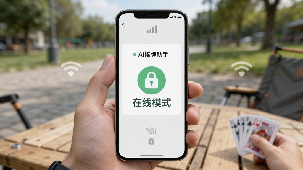 画面展示AI捋牌助手离线使用场景,主体是手机屏幕显示离线模式已开启的提示,周围环境为户外或网络信号弱的地方,布局中心为手机界面,排版突出离线标志,风格简约实用,细节包含信号图标和锁形图标,画质干净无多余元素,图片中文字“AI捋牌助手”
