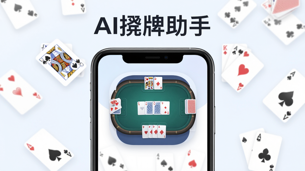 软件主界面展示,画面中央是AI捋牌助手应用图标和清爽的牌桌布局,周围环绕扑克牌元素,顶部标题写“AI捋牌助手”,主体为手机屏幕展示理牌界面,布局简洁中心突出,排版采用扁平化信息层级,风格现代简约科技感,细节圆润无多余装饰,画质干净清晰,无多余元素