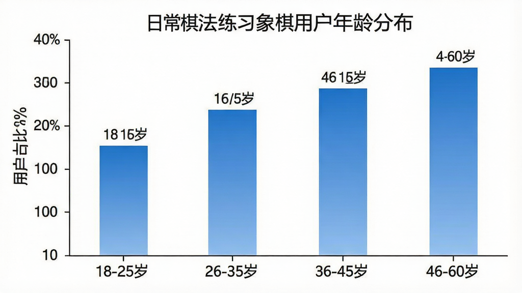 一张展示日常棋法练习象棋用户年龄分布的柱状图,主体为柱状图图表,横轴标注“18-25岁”“26-35岁”“36-45岁”“46-60岁”四个年龄段,纵轴标注用户占比百分比,布局为图表居中,背景为白色,排版清晰,风格为扁平化数据可视化设计,细节上柱子颜色为蓝色渐变,数值标注在柱顶,画质干净无多余元素