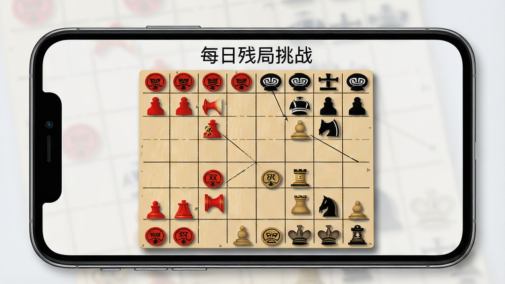 一张展示日常棋法练习象棋每日残局挑战界面的图片,主体为手机屏幕显示一道残局题目,棋盘上红方双车对黑方车炮士象全,屏幕上方显示“每日残局挑战”字样,布局为手机正面展示,背景为浅灰色,排版干净,风格为简约清新设计,细节上棋盘有轻微阴影,画质高清无多余元素