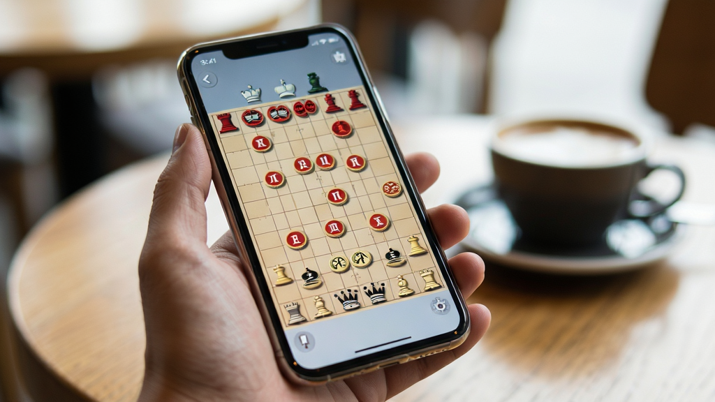 一张展示日常棋法练习象棋在手机上运行的场景图,主体为一只手拿着手机,手机屏幕显示象棋对弈界面,棋盘上红方正在思考走法,布局为手和手机特写,背景为模糊的咖啡厅桌面,排版自然,风格为生活化写实摄影,细节上手机边框有轻微反光,画质清晰干净,无多余元素