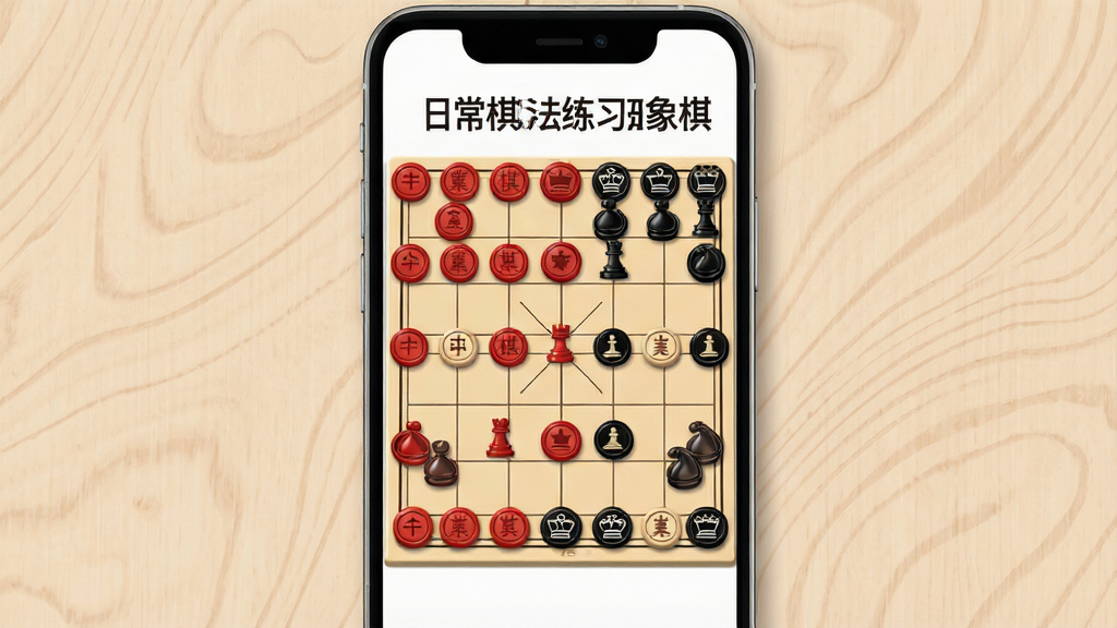 一张展示日常棋法练习象棋核心全貌的图片,主体是一部手机屏幕显示中国象棋棋盘,棋盘上棋子排列整齐,红黑双方对峙,屏幕上方显示“日常棋法练习象棋”字样,布局为手机居中放置,周围有淡淡的木质纹理背景,排版简洁,风格为现代扁平化设计,细节上棋子有立体光泽,棋盘线条清晰,画质高清干净,无多余元素