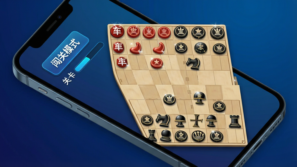 一张展示日常棋法练习象棋残局闯关界面的图片,主体为手机屏幕显示残局棋盘,棋盘上红方车马炮对黑方士象全,屏幕左侧有“闯关模式”按钮和关卡进度条,布局为手机斜放,背景为深蓝色渐变,排版清晰,风格为科技感扁平设计,细节上棋子有高光效果,画质干净无多余元素