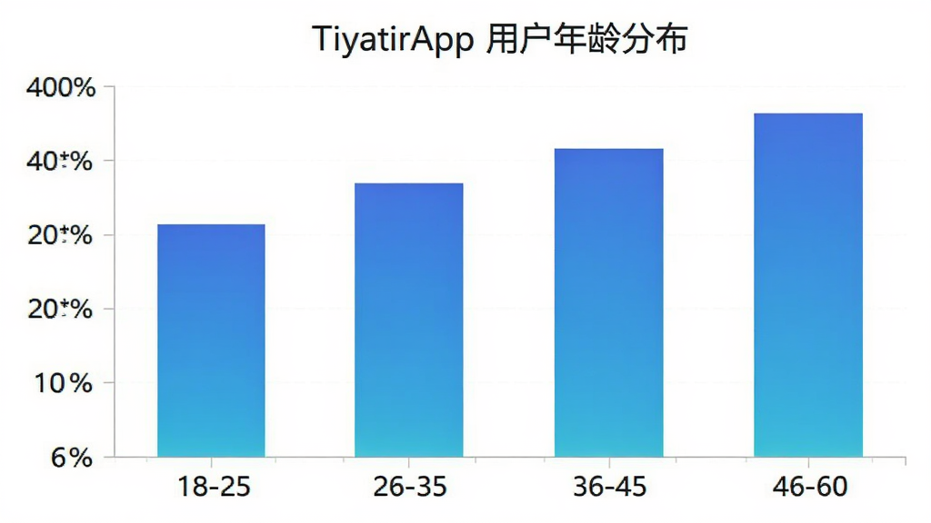 TiyatirApp �û�����ֲ���״ͼ������Ϊ�����18-25��26-35��36-45��46-60������Ϊ�û�ռ�Ȱٷֱȣ���״��ɫΪ��ɫ���䣬ͼ�����⡰TiyatirApp �û�����ֲ�������������ݿ��ӻ����޶���װ��