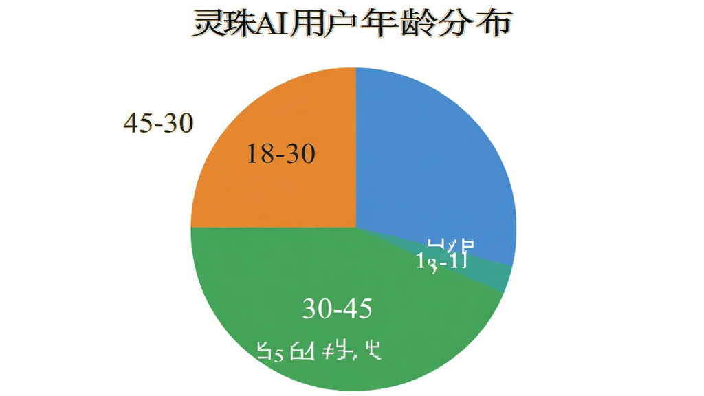 一张展示灵珠AI用户年龄分布的饼状图,画面中一个圆形饼图分为三块,分别标注18-30岁、30-45岁、45岁以上,颜色分别为蓝色、绿色、橙色,背景是干净的白色,风格简洁明了,画质清晰,无多余元素