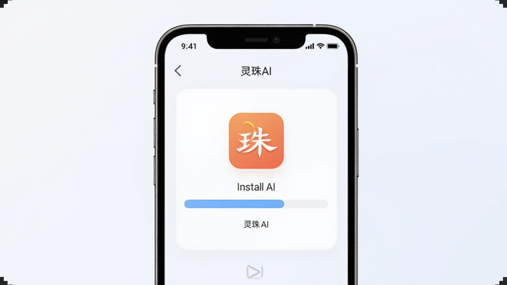 一张展示灵珠AI在手机上安装过程的图片,画面中手机屏幕显示正在安装灵珠AI应用,进度条在中间,背景是简洁的浅色界面,风格清晰,画质干净,无多余元素