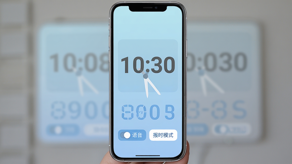 ���㱨ʱApp������ȫòչʾ���ֻ���Ļ������ʾ�������ʱ�ӣ��·��������������غͱ�ʱģʽѡ��ť�������ǵ���ɫ���䣬����ɾ����࣬���ֱ�ע��������ƽ����Ʒ�񣬻��������޶���Ԫ��