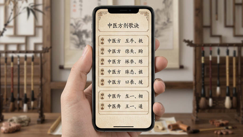 中医方歌 手机屏幕展示 中医方剂歌诀列表 古典中医风格 布局清晰 排版整齐 风格简约古朴 细节精致 画质清晰 干净 无多余元素
