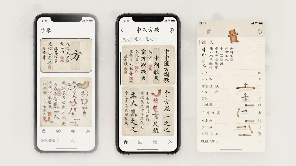 中医方歌 手机界面展示 收藏夹与笔记功能 中医方剂歌诀 古典风格 布局清晰 排版整洁 风格简约 细节精致 画质清晰 干净 无多余元素