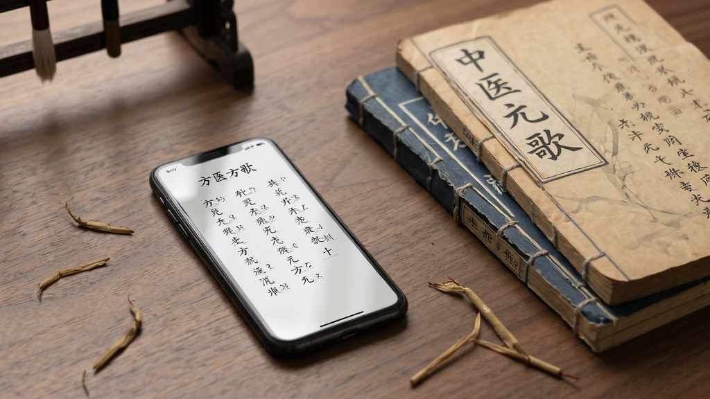 中医方歌 使用场景 手机放在书桌上 屏幕显示方剂歌诀 旁边有中医书籍 古典风格 布局安静 排版自然 风格简约 细节精致 画质清晰 干净 无多余元素