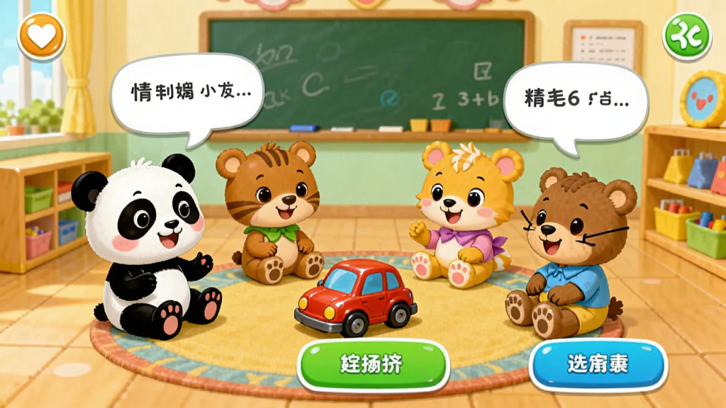 ������������App�ڵ������ģ����棬��ͨ�����׶�԰���ң���è�����ͼ���С�����ɫΧ����һ�𣬵�����һ������������������жԻ����ݺ�ѡ��ť��ɫ�����ޣ������������ʺ϶�ͯ�ۿ����ɾ��޶���Ԫ��