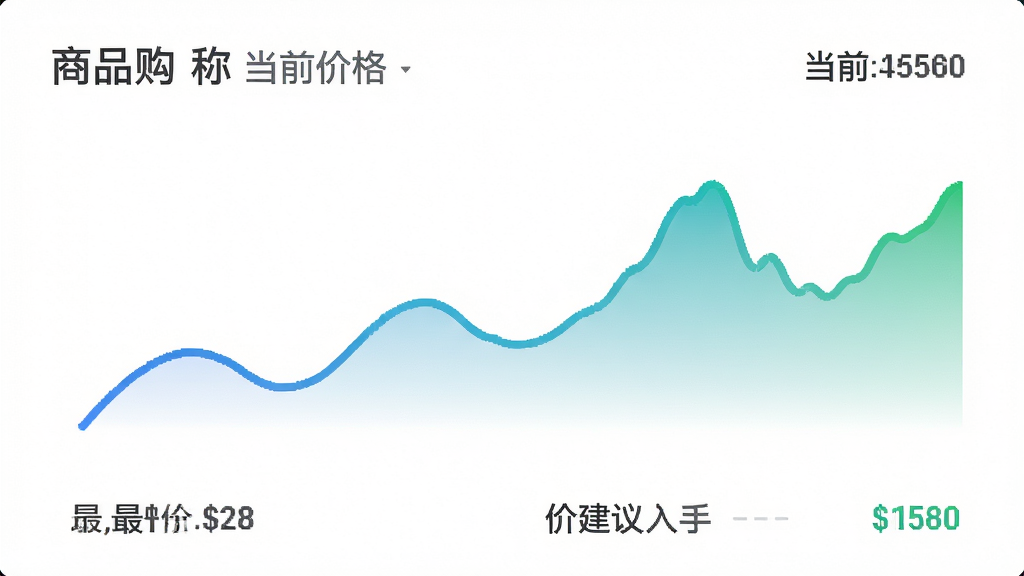 购购 主体是一个简洁的数据图表界面,布局是顶部显示商品名称和当前价格,中间是起伏的半年价格曲线图,底部标注了历史最低价和建议入手价,排版清晰,风格是扁平化数据可视化,细节上曲线有蓝绿渐变色,背景纯白,画质干净,无多余元素