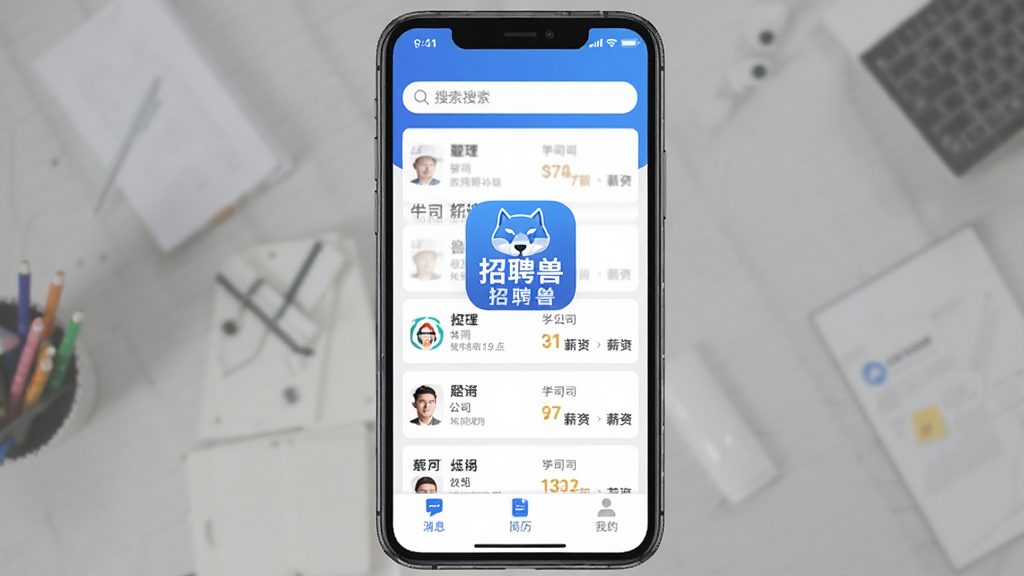 ��Ƹ��APP������ȫòչʾ���ֻ���Ļ������ʾ����Ƹ�ޡ�Ӧ��ͼ������ƣ��������������ɫ�������������·������Ÿ����λ��Ƭ������ְλ���ơ���˾logo��н�ʷ�Χ���ײ�����Ϣ���������ҵ�����������ǩ�����岼�ָɾ����࣬��ƽ����Ʒ�񣬻��������޶���Ԫ��