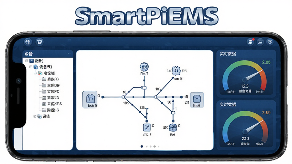 SmartPiEMS 软件主界面全貌展示,手机屏幕中央显示着清晰的电力系统单线图,左侧是设备树状列表,右侧是实时数据仪表盘,屏幕上方有醒目的 SmartPiEMS 文字标识,整体风格是深蓝色工业科技风,布局简洁明了,图标圆润,画质干净无多余元素